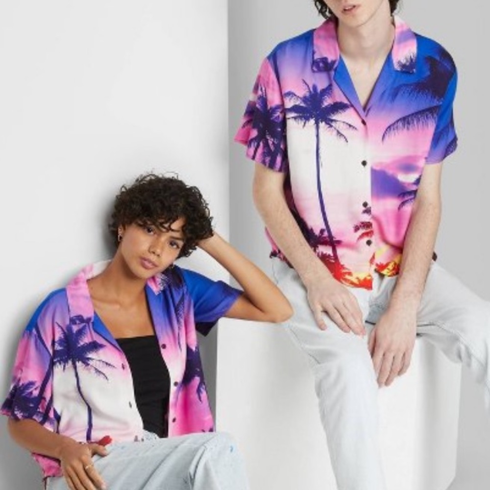 Wild Fable Short Sleeve Camp Shirt Multicolored Sunset Palm Unisex Inclusive